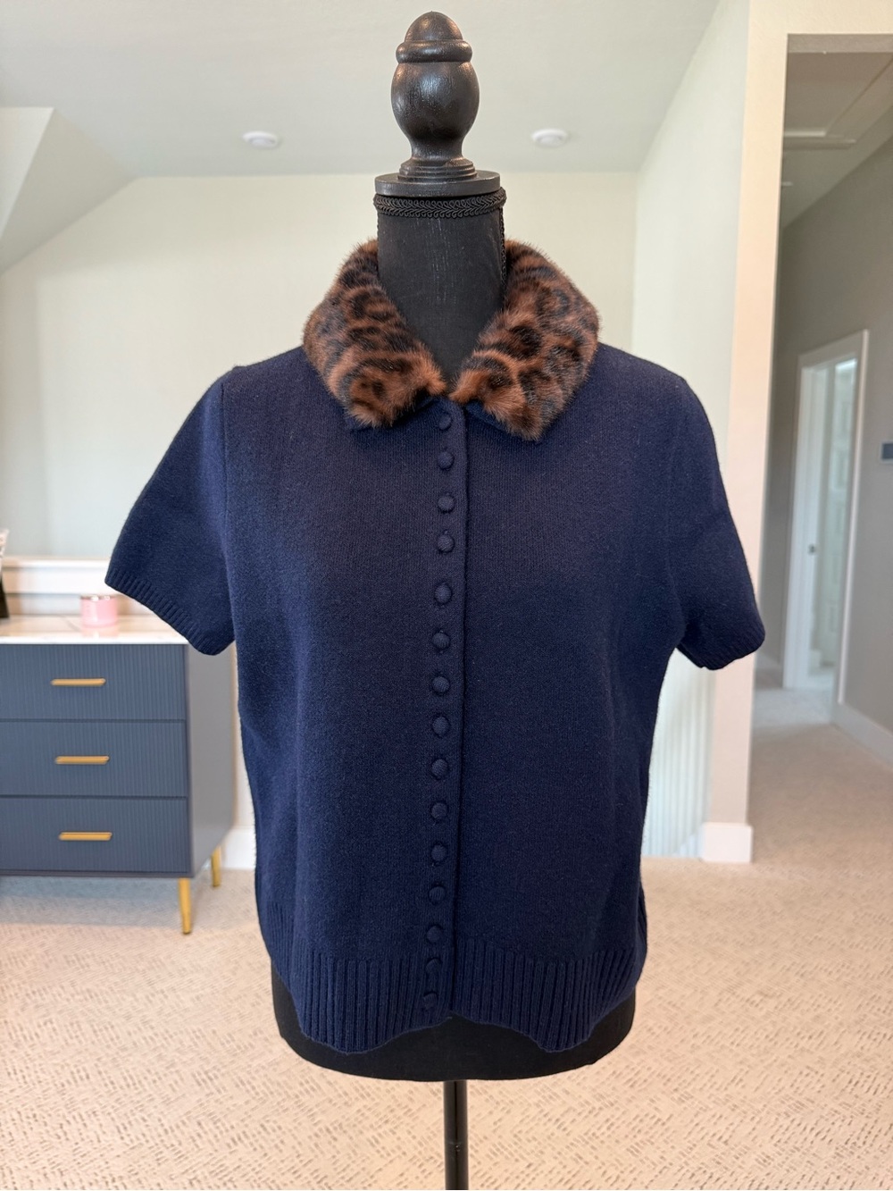 Zara Navy Short-Sleeve Cardigan with Leopard Faux Fur Collar